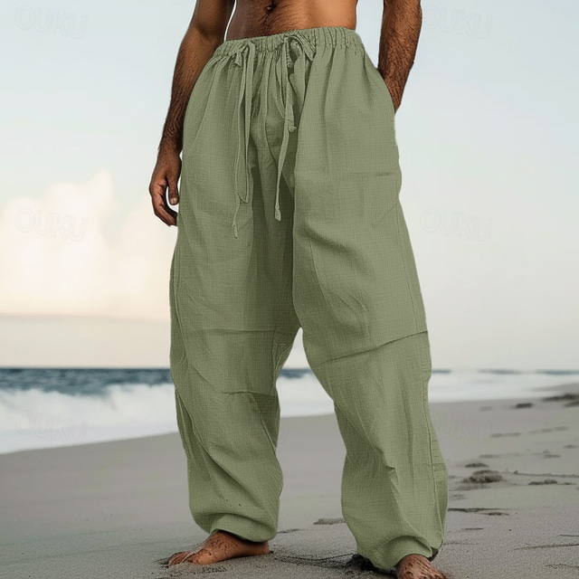  Men's Linen Pants Trousers Summer Pants Beach Pants Drawstring Elastic Waist Pleats Plain Comfort Breathable Casual Daily Holiday Fashion Classic Style Black White