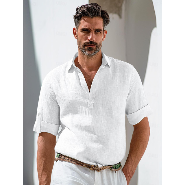  45 % Leinen Herren leinenhemd Popover-Shirt Sommerhemd Strandhemd Weiß Rosa Beige Kurzarm Glatt Kargen Sommer Outdoor Täglich Bekleidung