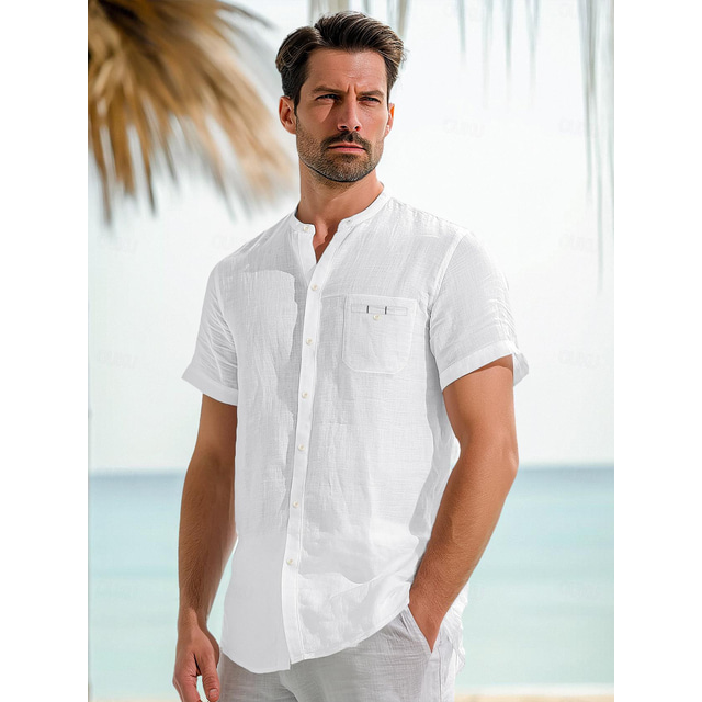  45% Lin Poche Homme Chemise Lin Chemise Chemise boutonnée Chemisette Chemise d'été Blanche Marine foncé Bleu Manche Courte Plein Mao Eté Extérieur du quotidien Vêtement Tenue