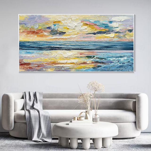  Handmade Oil Painting Canvas Wall Art Decoration Modern Abstract Sunrise Sea Thick Texture Landscape for Home Decor Rolled Frameless Unstretched Painting
