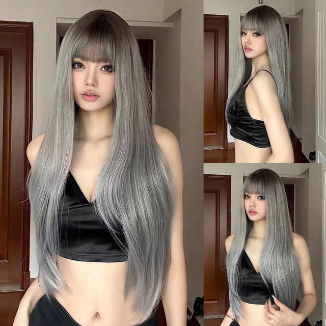  Synthetische Perücken Uniformen Karriere Kostüme Prinzessin Glatt Kinky Glatt Mittelteil Stufenhaarschnitt Maschinell gefertigt Perücke 30 Zoll Silber-Grau Synthetische Haare Damen Cosplay Party