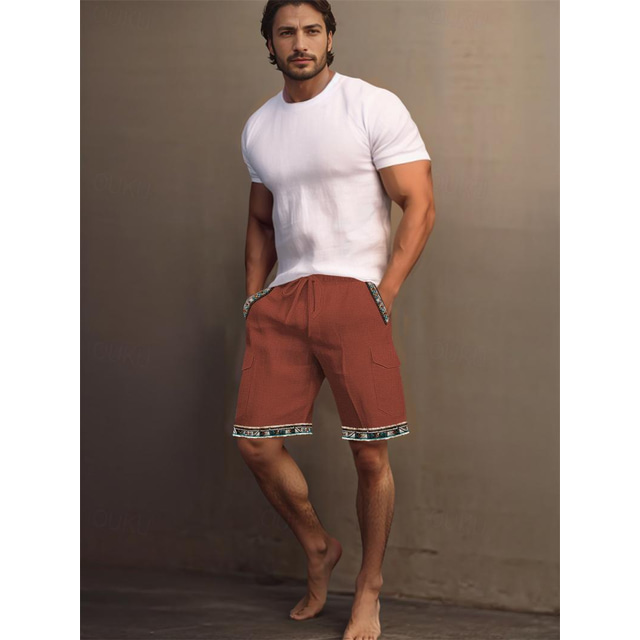  40% Linen Men's Shorts Linen Shorts Summer Shorts Pocket Drawstring Elastic Waist Patchwork Bohemian Breathable Comfortable Short Daily Vacation Going out Classic Casual Black Red