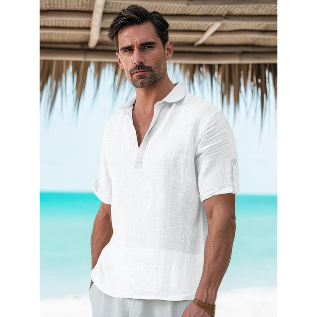  45% Len Męskie lniana koszula Koszula Popover Letnia koszula Koszula plażowa Biały Rumiany róż Beżowy Krótki rękaw Równina Klapa Lato Na zewnątrz Codzienny Odzież