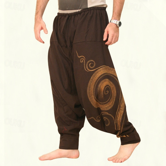  Men's Trousers Summer Pants Harem Pants Casual Pants Drawstring Elastic Waist Graphic Breathable Soft Casual Daily Holiday Streetwear Ethnic Style Black Blue Micro-elastic