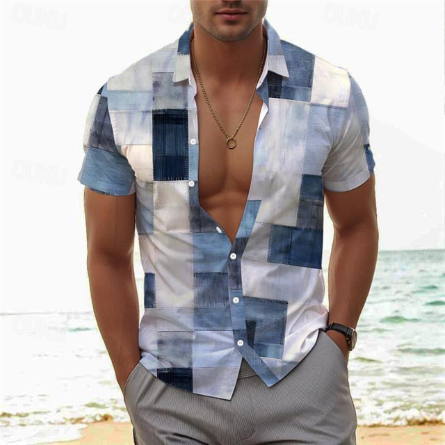  Plaid / Check Vacation Men's Resort Hawaiian 3D Printed Shirt Button Up Short Sleeve Summer Beach Shirt Vacation Daily Wear S TO 3XL