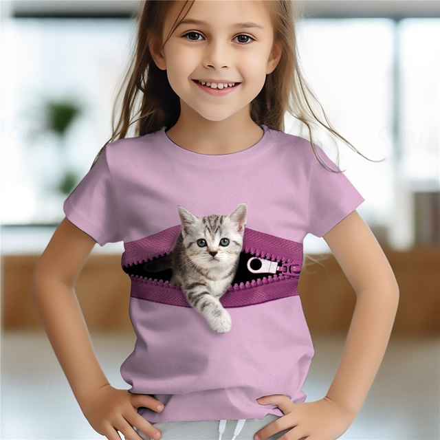  Jente 3D Katt T-skjorte Skjorter Rosa Kortermet 3D-utskrift Sommer Aktiv Mote søt stil Barn 3-12 år Crew-hals utendørs Avslappet Daglig Normal