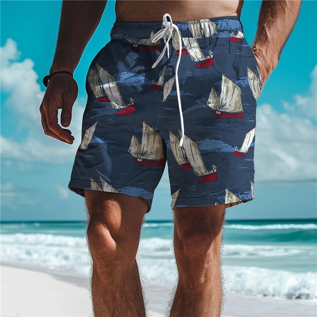  Sailboat Men's Resort 3D Printed Board Shorts Swim Trunks Elastic Drawstring with Built-in Mesh Lining Comfort Breathable Classic Stretch Short Aloha Hawaiian Style Holiday Beach S TO 3XL