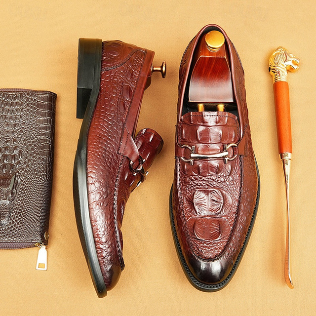  Men's Genuine Leather Crocodile Pattern Loafers with Metal Bit – Luxury Slip-On Dress Shoes for Business, Weddings & Formal Occasions