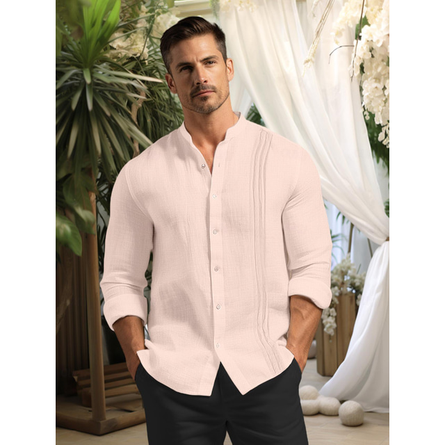  100% Linen Pleated Men's Linen Shirt Shirt Beach Shirt White Pink Long Sleeve Plain Standing Collar Spring &  Fall Outdoor Daily Clothing Apparel