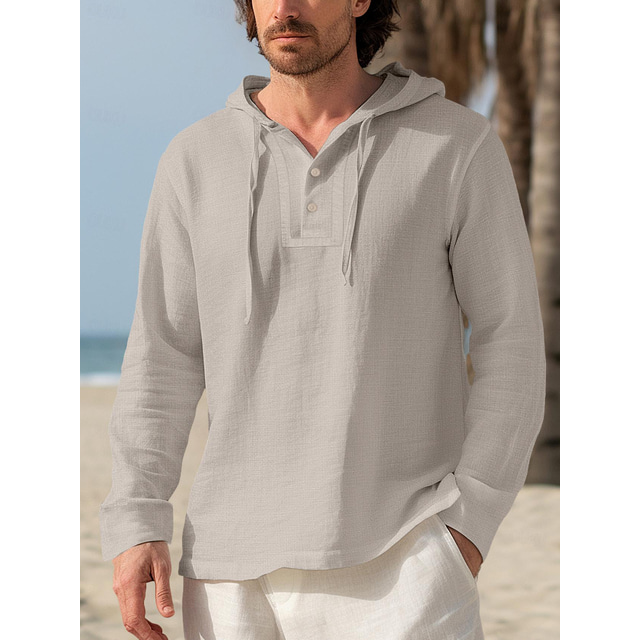  100% كتان أزرار رجالي قميص كتان قميص صيفي قميص الشاطئ أسود أبيض أزرق بحري داكن كم طويل سهل مع قبعة ربيع & الصيف الأماكن المفتوحة مناسب للبس اليومي ملابس