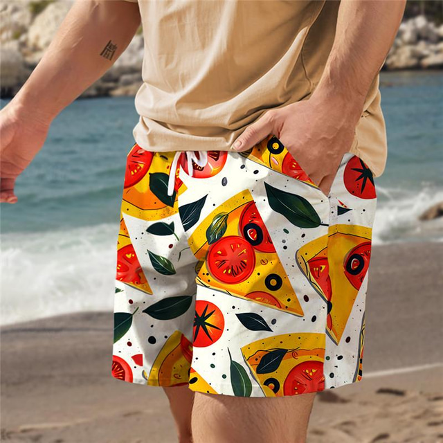  אוכל פיצה גרפיקה לגברים ריזורט 3D מודפס לוח מכנסי ים מכנסי ים בגד ים שרוך כיס עם בטנת רשת נוחות לנשימה קצר אלוהה בסגנון הוואי חוף ים עד 3xl