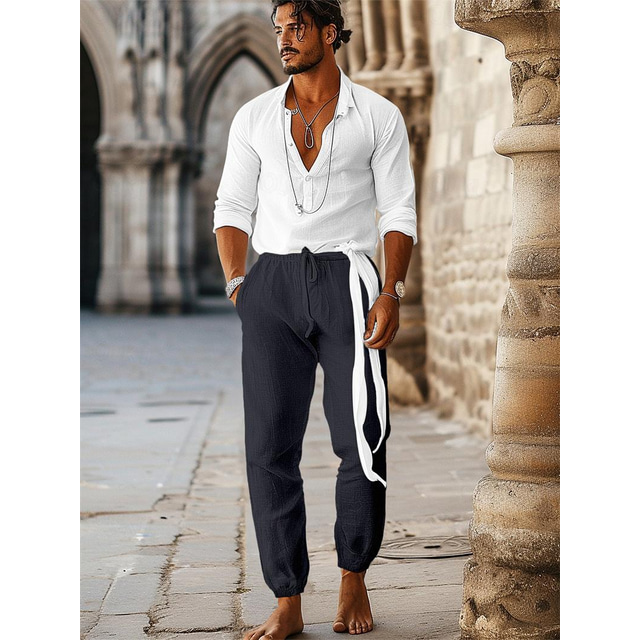  100% Linen Men's Linen Pants Trousers Summer Pants Drawstring Elastic Waist Elastic Cuff Plain Breathable Comfortable Daily Vacation Going out Classic Casual Black Navy Blue