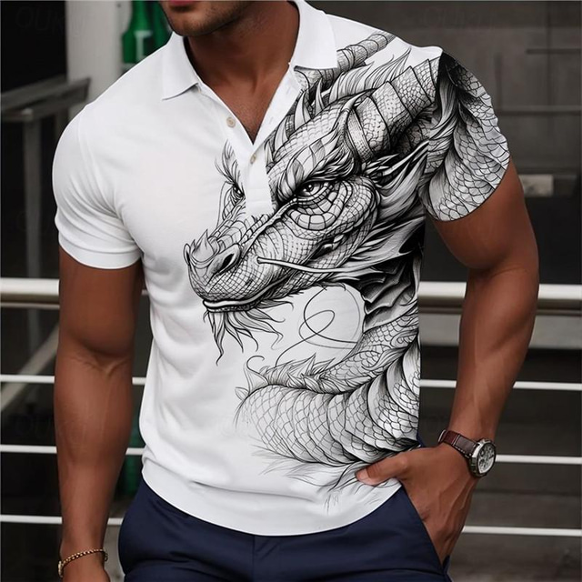  Homme Dragon Polo Chemise de golf Manche Courte Polos Chemises à Col Occasionnel Drôle Vêtements de rue Vêtements de vacances Tenues de fête Boutons Impression 3D Été Vin Vert Gris