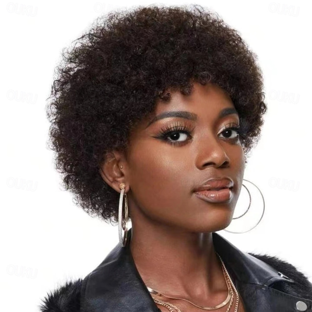  Afro Kinky Curly Bangs Wig For Women Afro Pixie Cut Short Human Hair Wig Soft Curly Afro Wig Natural Looking For Daily Use