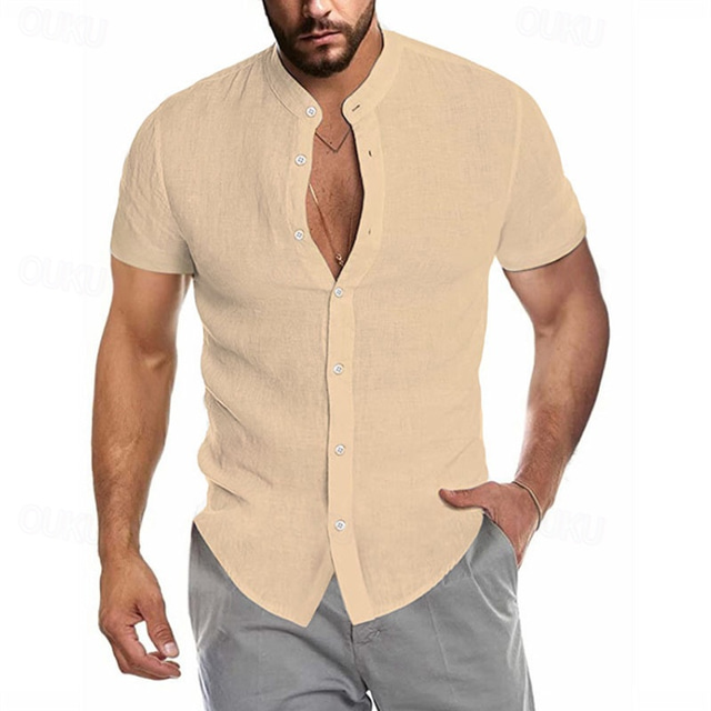  Men's Shirt Chinese Collar Shirt Mandarin Collar Shirt Summer Shirt Casual Shirt Beach Shirt Navy Blue khaki Short Sleeve Plain Grandad Collar Collar Vacation Hawaiian Clothing Apparel Polyester