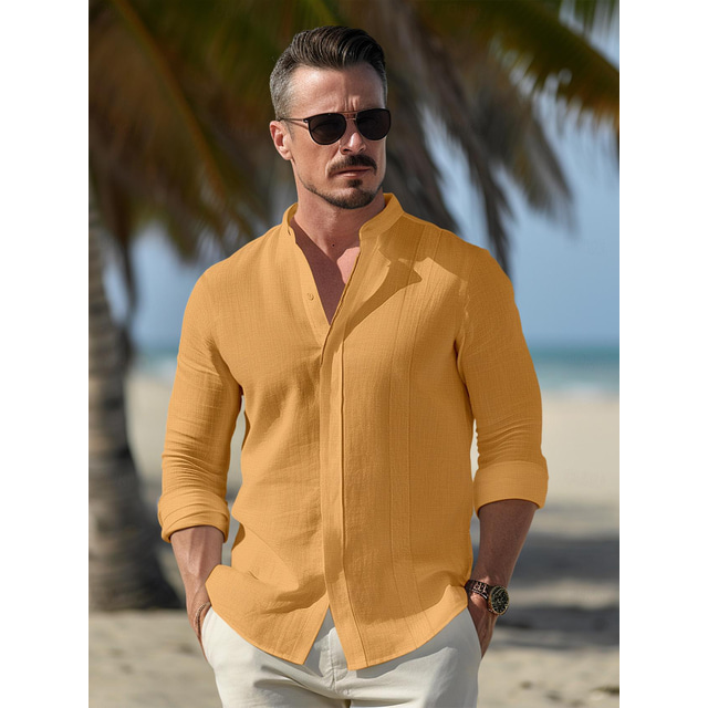  100% Linen Button Men's Linen Shirt Button Up Shirt Summer Shirt Beach Shirt Yellow Dark Navy Green Long Sleeve Plain Stand Collar Spring &  Fall Outdoor Daily Clothing Apparel