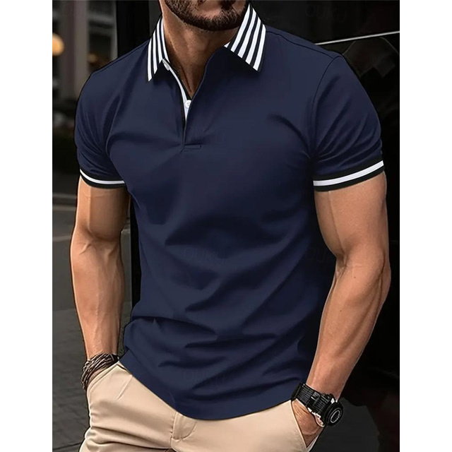  Men's Polo Shirt Sport Polo Casual Sports Lapel Short Sleeve Fashion Basic Color Block Stripe Patchwork Summer Regular Fit Pink Navy Blue Blue Brown Gray Polo Shirt