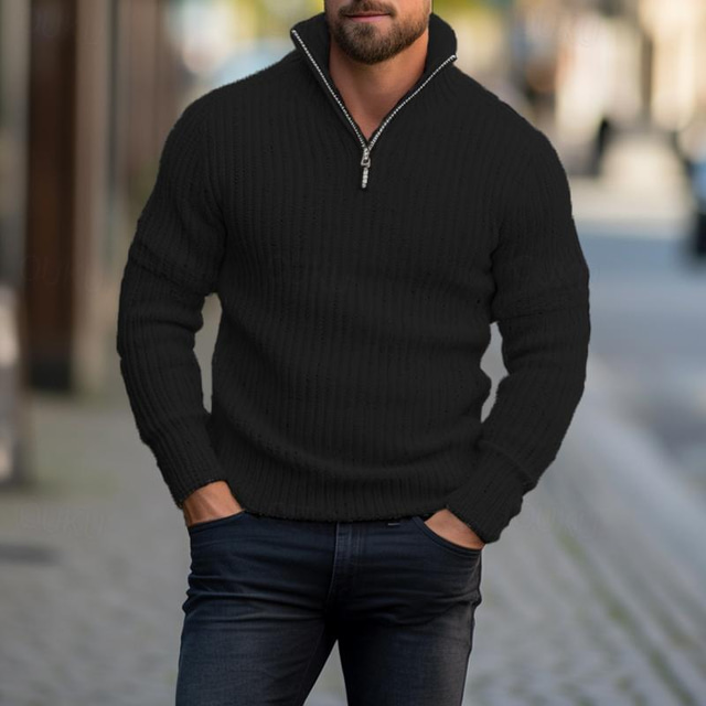  Men's Knitwear Pullover Ribbed Knit Zipper Knitted Plain Quarter Zip Keep Warm Modern Contemporary Daily Wear Going out Clothing Apparel Fall & Winter Black White M L XL