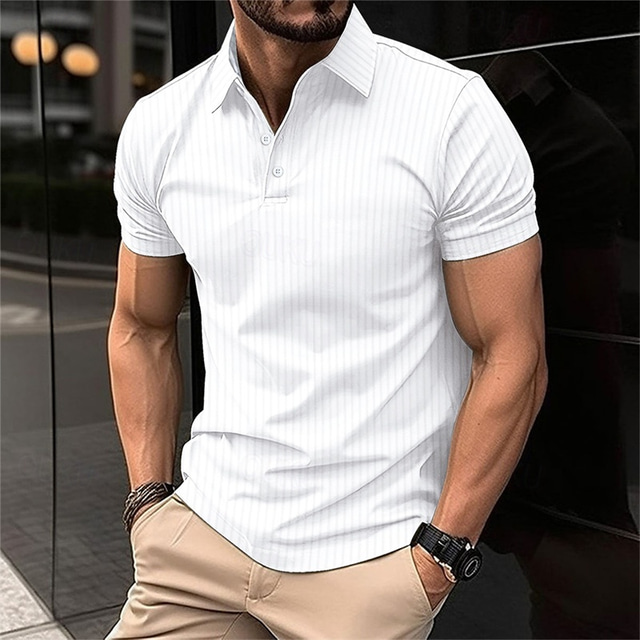  Men's Golf Shirt Golf Polo Work Casual Lapel Short Sleeve Basic Modern Striped Button Spring & Summer Regular Fit claret Dark Red Black White Dark Navy Royal Blue Golf Shirt