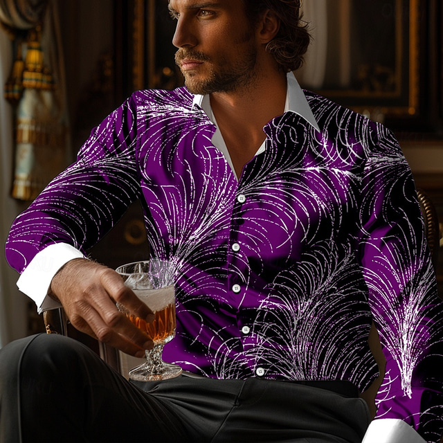  Herren Linear Knopfhemd Bedruckte Hemden Langarm Business-Casual Urlaub Party Strasse Herbst Frühling Sommer Umlegekragen Bedruckt Button-Down Violett Dunkelblau