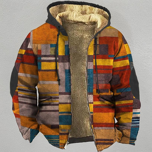  Mens Graphic Hoodie Color Block Prints Daily Classic Casual 3D Jacket Fleece Outerwear Holiday Vacation Going Hoodies Yellow Red Plaid Winter Grey Wool