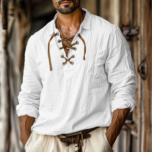  Per uomo Camicia camicia di lino Stile vichingo Camicia estiva Abbigliamento mare Tinta unica Strada Giornaliero Bianco Arancione Verde Azzurro Manica lunga Collo Abbigliamento