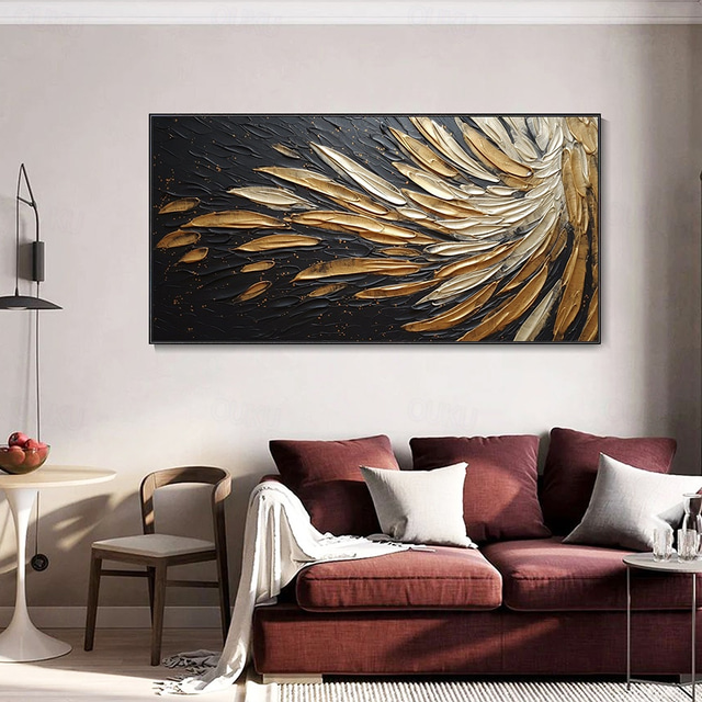  Hand painted Abstract Feather Oil Painting on Canvas hand painted Modern Wall Art Gold Black Painting for Living Room bedroom Wall Decor Custom Textured Painting artwork