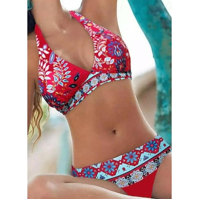  Kostiumy kąpielowe dla kobiet bikini 2-częściowe zestawy stroj kąpielowy bez pleców halter sexy boho kwiatowy nadruk letni plażowy strój kąpielowy