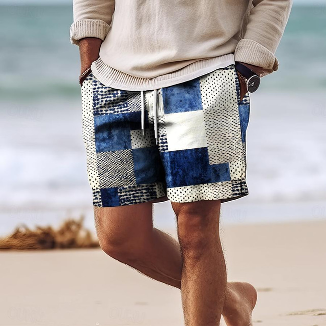  kostkované kostkované pánské deskové šortky havajské šortky plavky stahovací šňůrka se síťovanou podšívkou elastický pas pohodlí prodyšná dovolená dovolená krátká