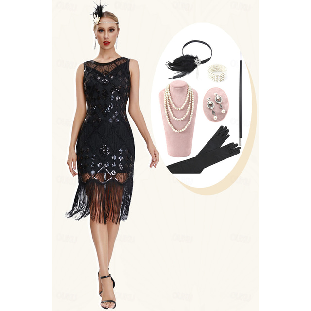  Retro Vintage Roaring 20s 1920s Flapper Dress Outfits Cocktail Dress The Great Gatsby Flapper Girl Wedding Guest Sequins Women's Wedding Wedding Guest Party / Evening Adults' Dress Gloves Earrings