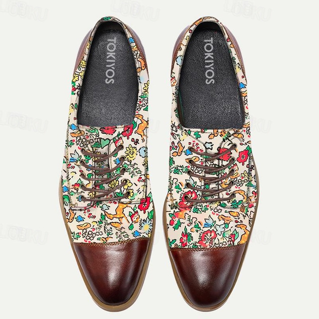  Sapatos masculinos vermelho marrom artístico floral estampado couro italiano de grão integral couro antiderrapante cadarço