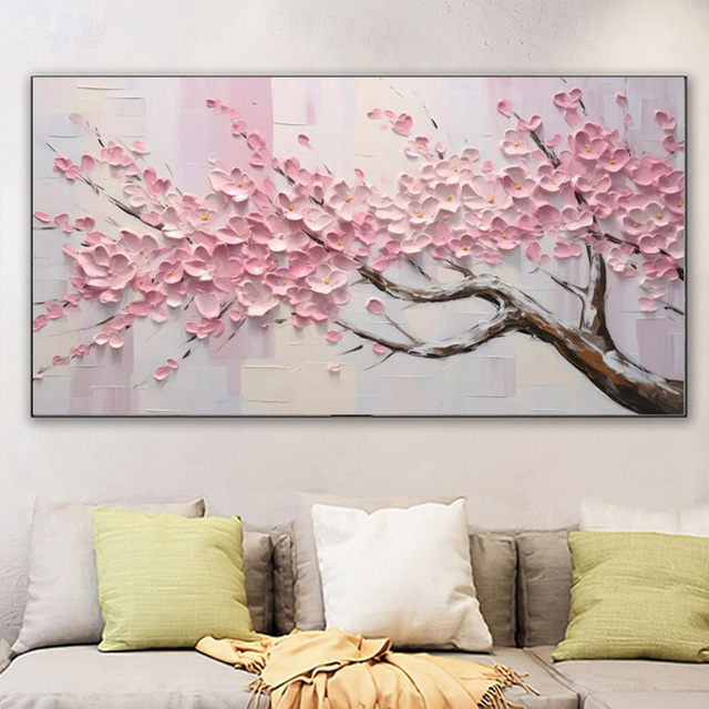  Großes Pflaumenblüten-Ölgemälde, handgemalte rosa Blumen, Leinwand-Wandkunst, dicke Textur, Palettenmesser-Gemälde, Nachttisch-Kunst, Jubiläumsgeschenk, Heimdekoration