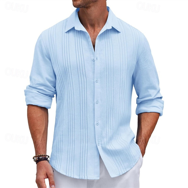  Men's Shirt Summer Shirt Casual Shirt Beach Shirt Button Up Shirt Black White Navy Blue Blue khaki Long Sleeve Plain Turndown Vacation Holiday Button-Down Clothing Apparel Polyester Fashion Casual