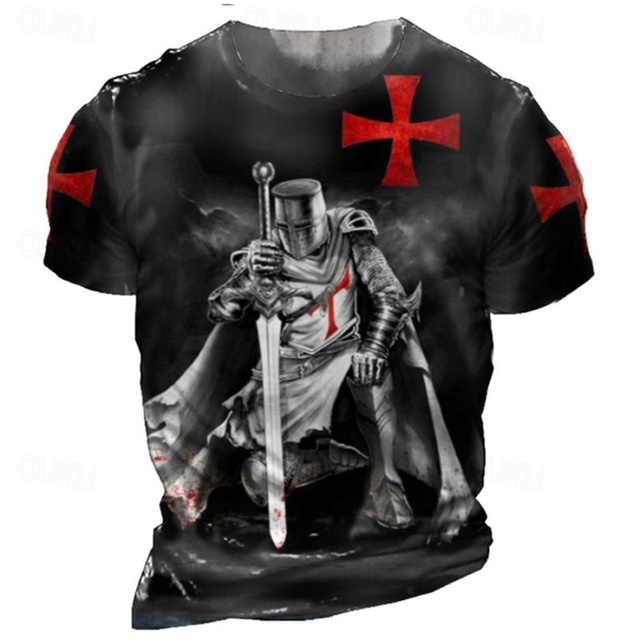  Men's Templar Cross Graphic Prints Soldier T shirt Christian T Shirts Short Sleeve T shirt 3D Print Crew Neck Shirt Vintage Sports Designer Outdoor Street Daily Black / Gray Black 1 Black Summer