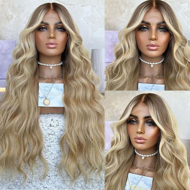  remy menneskehår 13x4 blonder frontparykk midtre del brasiliansk hår bølget blond parykk 130% 150% tetthet fremhevet / balayage hår naturlig hårfeste forhåndsplukket for kvinner langt menneskehår