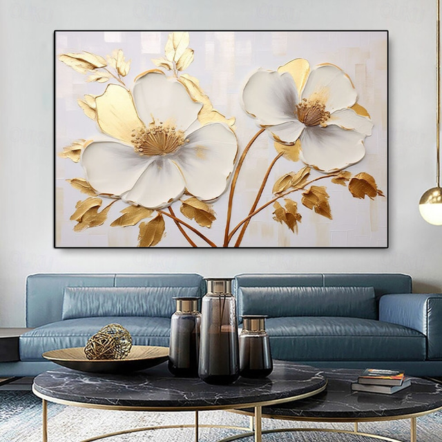 Abstract White Gold Oil Painting On Canvas hand painted  Flower Painting Blooming Floral oil painting Wall Decor painting for Living Room Home Decor Custom Gold painting Wall Art