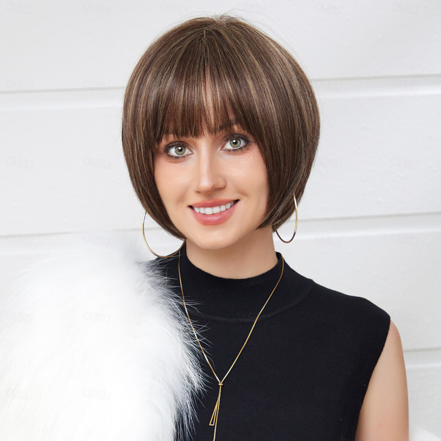  Human Hair Blend Wig Short Natural Straight Pixie Cut Side Part Layered Haircut Asymmetrical Brown Cosplay Curler & straightener Natural Hairline Capless Brazilian Hair Women's All Brown 10 inch
