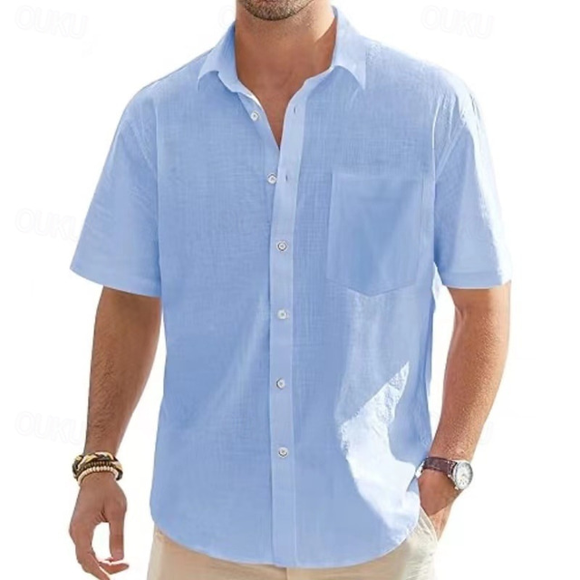  Voor heren Overhemd Linnen overhemd Zomer overhemd Strand hemd Katoenen linnen overhemd Overhemd met knopen Effen Vakantie Feestdagen Zwart Wit Blauw Grijs Korte mouw Strijkijzer Zomer Kleding