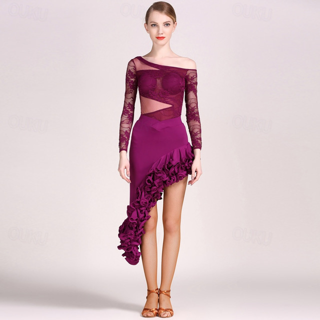  Latin Dance Skirts Pure Color Women's Performance Training Long Sleeve Lace