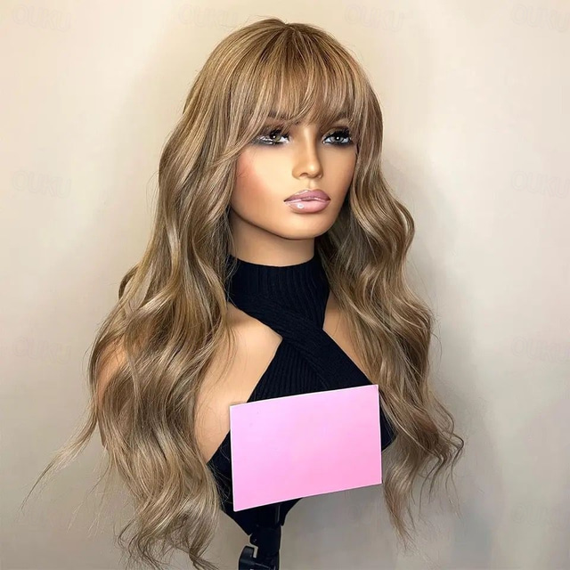  Remy Human Hair 13x4 Lace Front Wig With Bangs Brazilian Hair Wavy Multi-color Wig 130% 150% Density Highlighted / Balayage Hair Natural Hairline  Pre-Plucked For Women Long Human Hair Lace