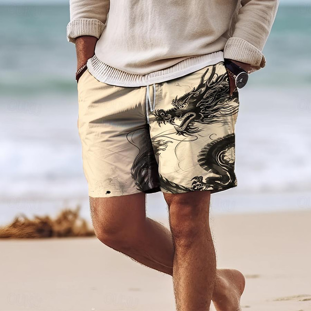  Homens Bermuda de Surf Shorts de Natação Calção Justo de Natação Com Cordão com forro de malha Cintura elástica Dragão Conforto Respirável Curto Feriado Férias Praia Férias Havaiana Branco Cáqui