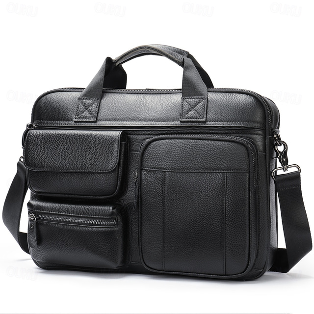  Men's Shoulder Bag Briefcase Laptop Bag Messenger Bag Cowhide Office Zipper Adjustable Large Capacity Durable Solid Color Black