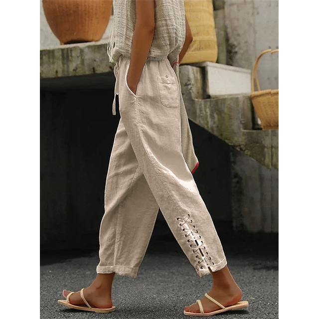  Women's Linen Overalls Ankle-Length Lace-Up Side Drawstring Waist Beige Casual Summer Spring Relaxed Fit Clothing Apparel