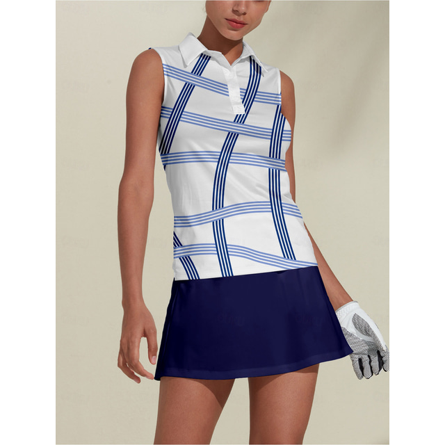  Women's Golf Polo Shirt Blue Sleeveless Top Stripe Ladies Golf Attire Clothes Outfits Wear Apparel