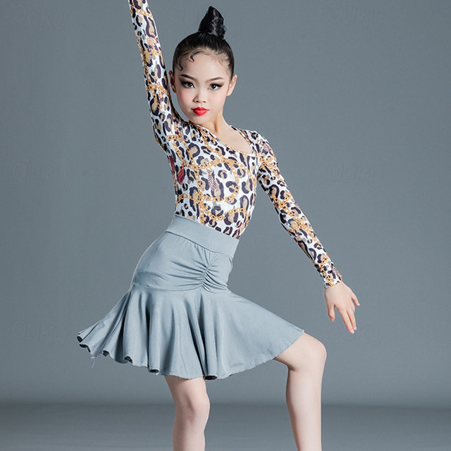  Latin Dance Kids' Dancewear Skirts Printing Splicing Girls' Performance Training Long Sleeve High Spandex