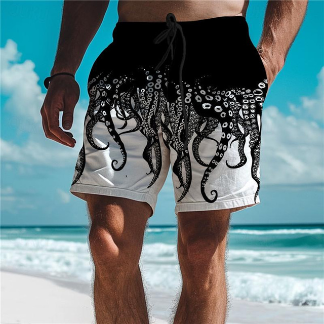  bläckfisktryckta herrbrädeshorts hawaiiska shorts badbyxor dragsko med meshfoder elastisk midja komfort andas semester semester shorts