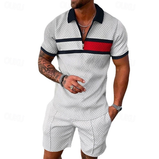  Men's Quarter Zip Polo Golf Shirt Daily Holiday Quarter Zip Short Sleeve Fashion Basic Color Block 2 Piece Spring & Summer Regular Fit White Red Quarter Zip Polo