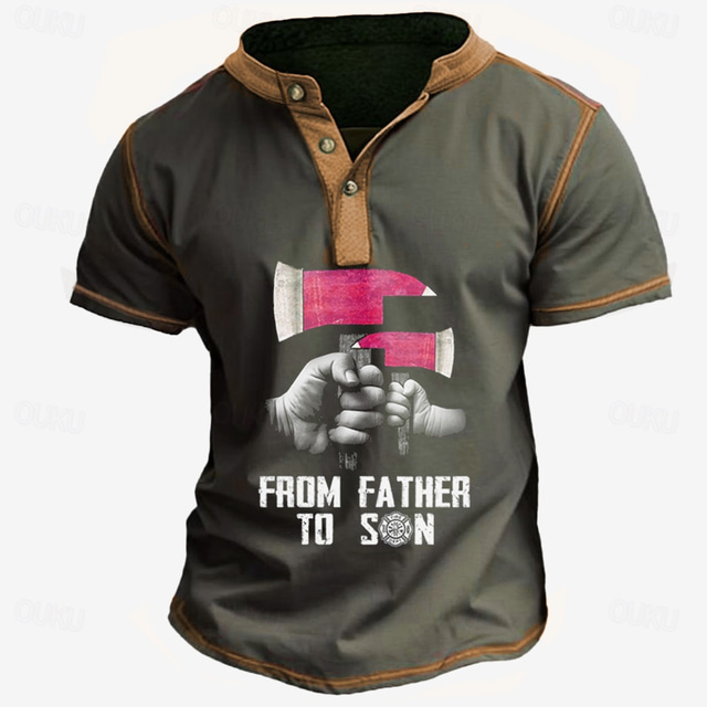  Papa trička z otce na syna pánské vintage 3D potisk tričko tričko Henley tričko táta tričko na dovolenou tričko na vycházku armádně zelené krátký rukáv Henley tričko jarní a letní oblečení