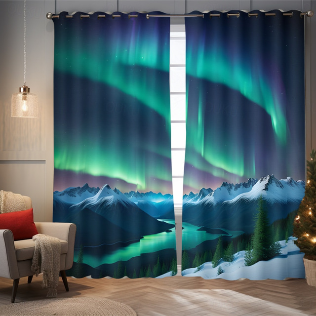  2 Panels Curtain Drapes Blackout Curtain For Living Room Bedroom Kitchen Aurora Northern Light Window Treatments Thermal Insulated Room Darkening