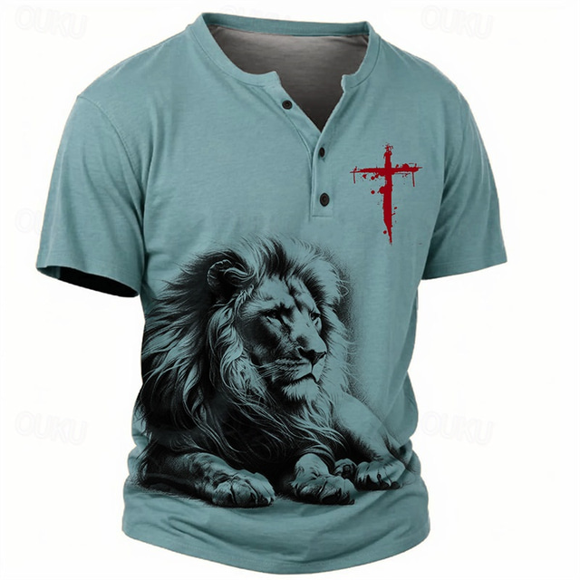  Men's Graphic Lion Cross T shirt Henley Shirt Short Sleeve 3D Print Retro Vintage Casual Sports Outdoor Holiday Going out Spring & Summer Blue Sky Blue Khaki Gray Henley Henley T-Shirt